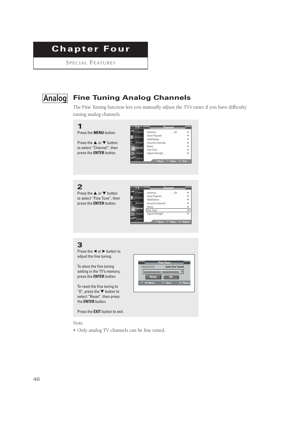 Analog, Fine tuning analog channels | Samsung TXP3071WHX-XAA User Manual | Page 46 / 83