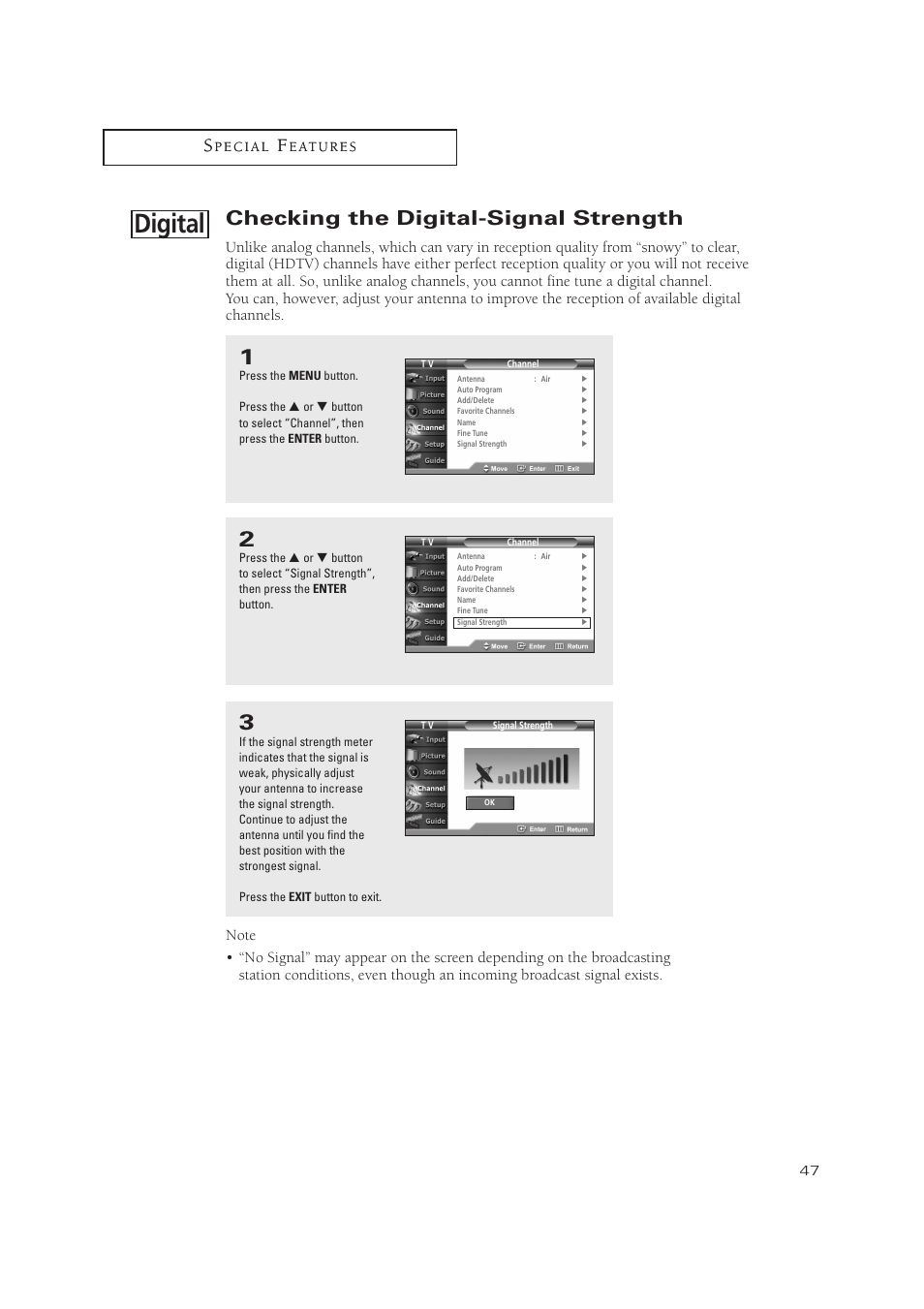 Digital, Checking the digital-signal strength | Samsung TXP3071WHX-XAA User Manual | Page 47 / 83