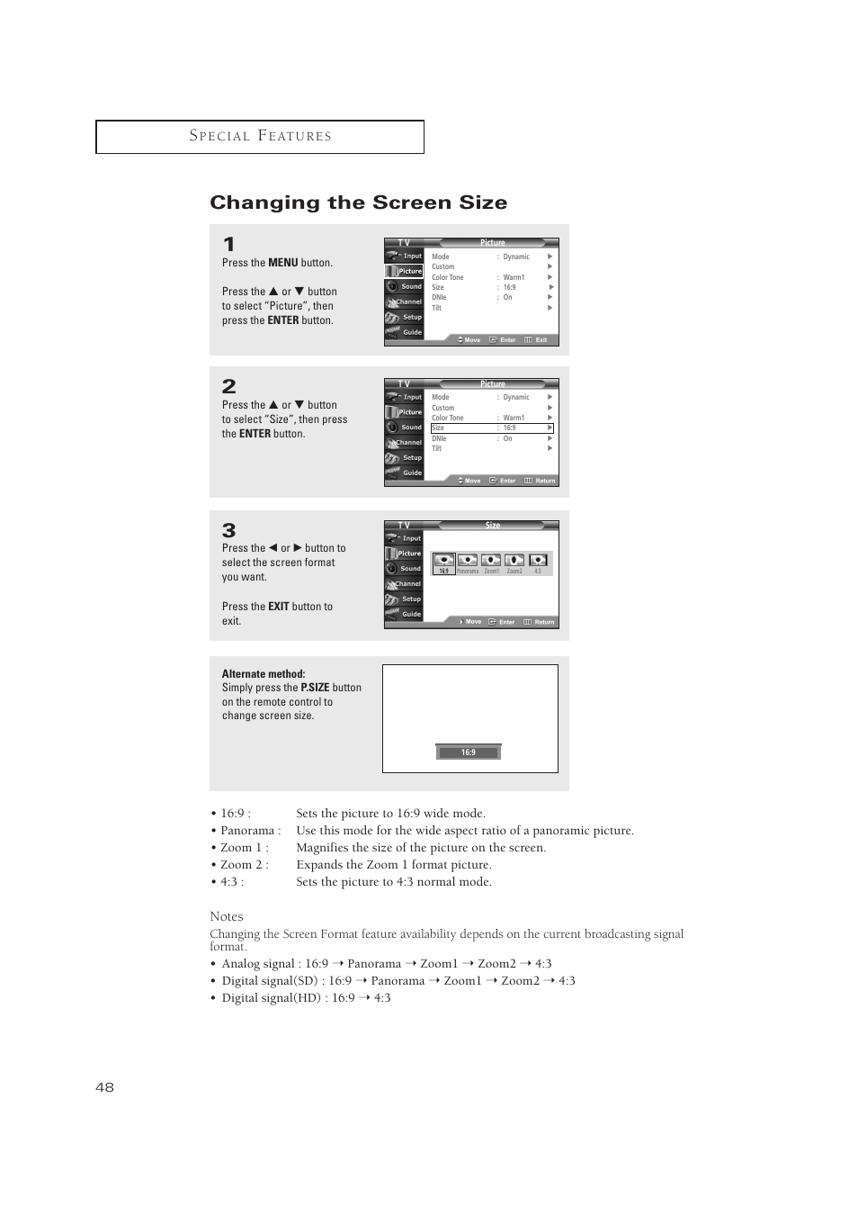 Changing the screen size | Samsung TXP3071WHX-XAA User Manual | Page 48 / 83