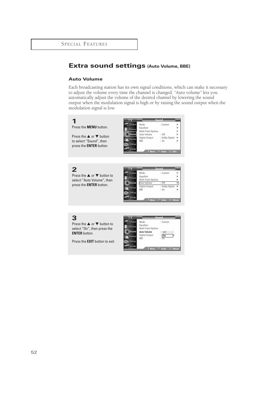 Extra sound settings, Auto volume, bbe) auto volume | Samsung TXP3071WHX-XAA User Manual | Page 52 / 83