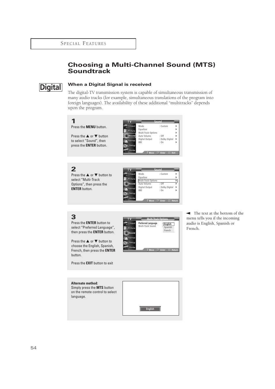 Digital, Choosing a multi-channel sound (mts) soundtrack | Samsung TXP3071WHX-XAA User Manual | Page 54 / 83