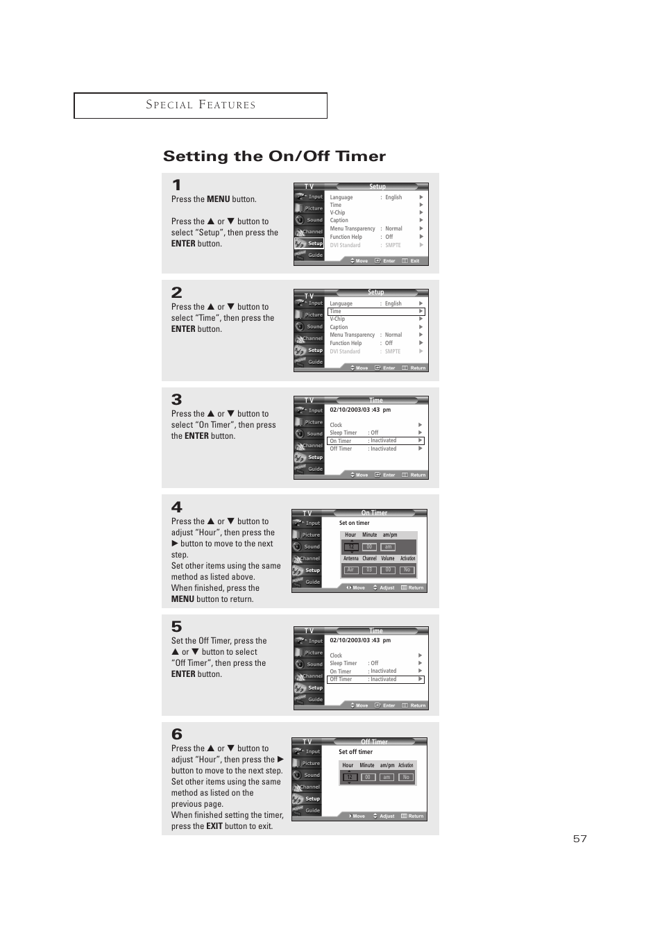 Setting the on/off timer | Samsung TXP3071WHX-XAA User Manual | Page 57 / 83