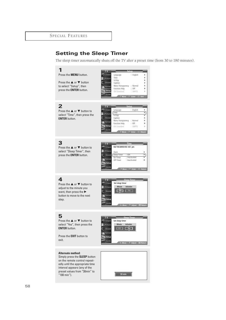 Setting the sleep timer | Samsung TXP3071WHX-XAA User Manual | Page 58 / 83