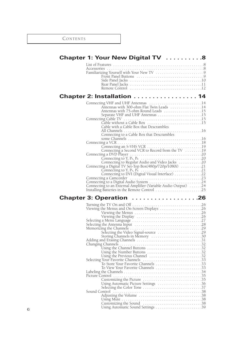 Chapter 1: your new digital tv, Chapter 2: installation, Chapter 3: operation | Samsung TXP3071WHX-XAA User Manual | Page 6 / 83