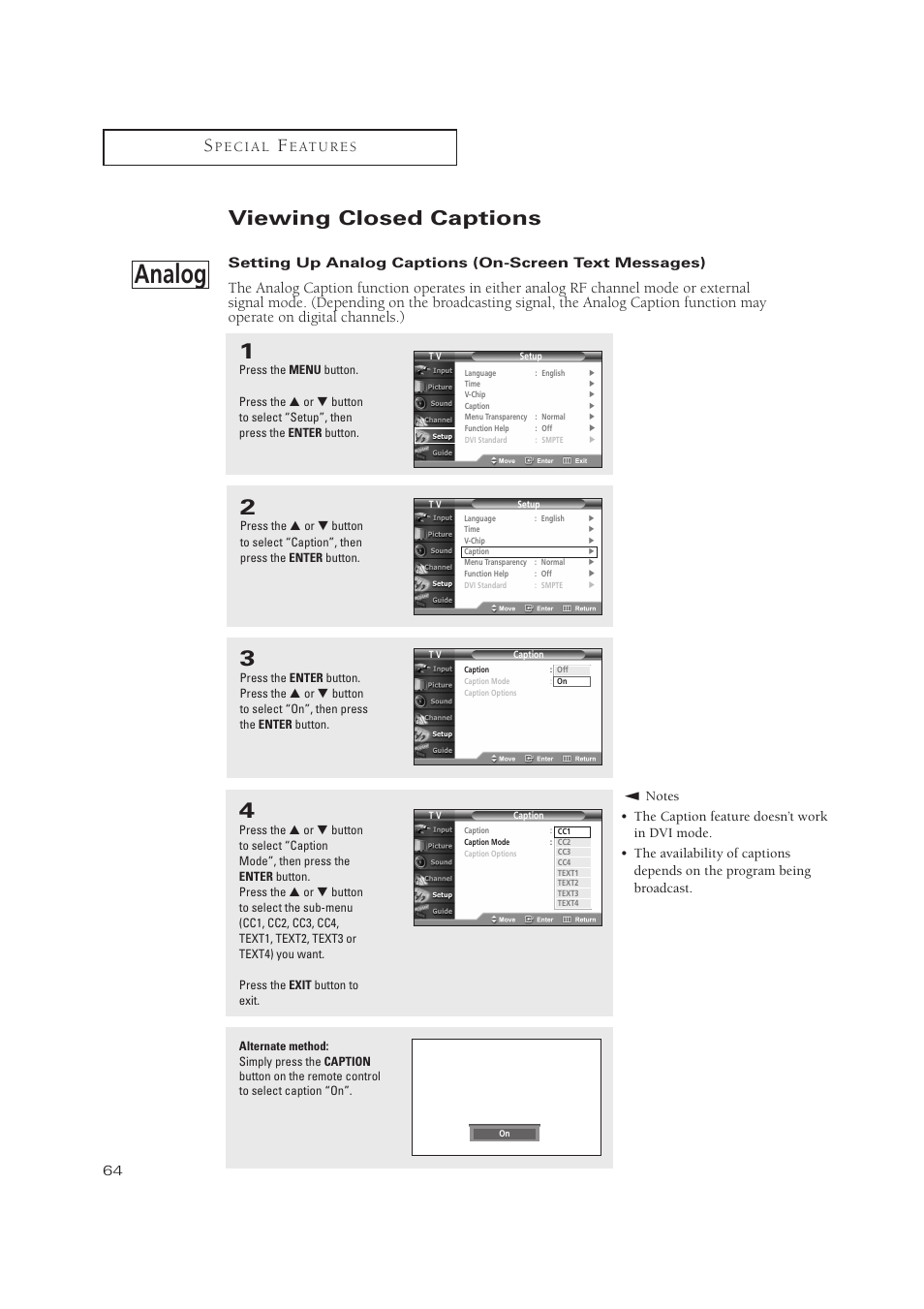 Analog, Viewing closed captions | Samsung TXP3071WHX-XAA User Manual | Page 64 / 83