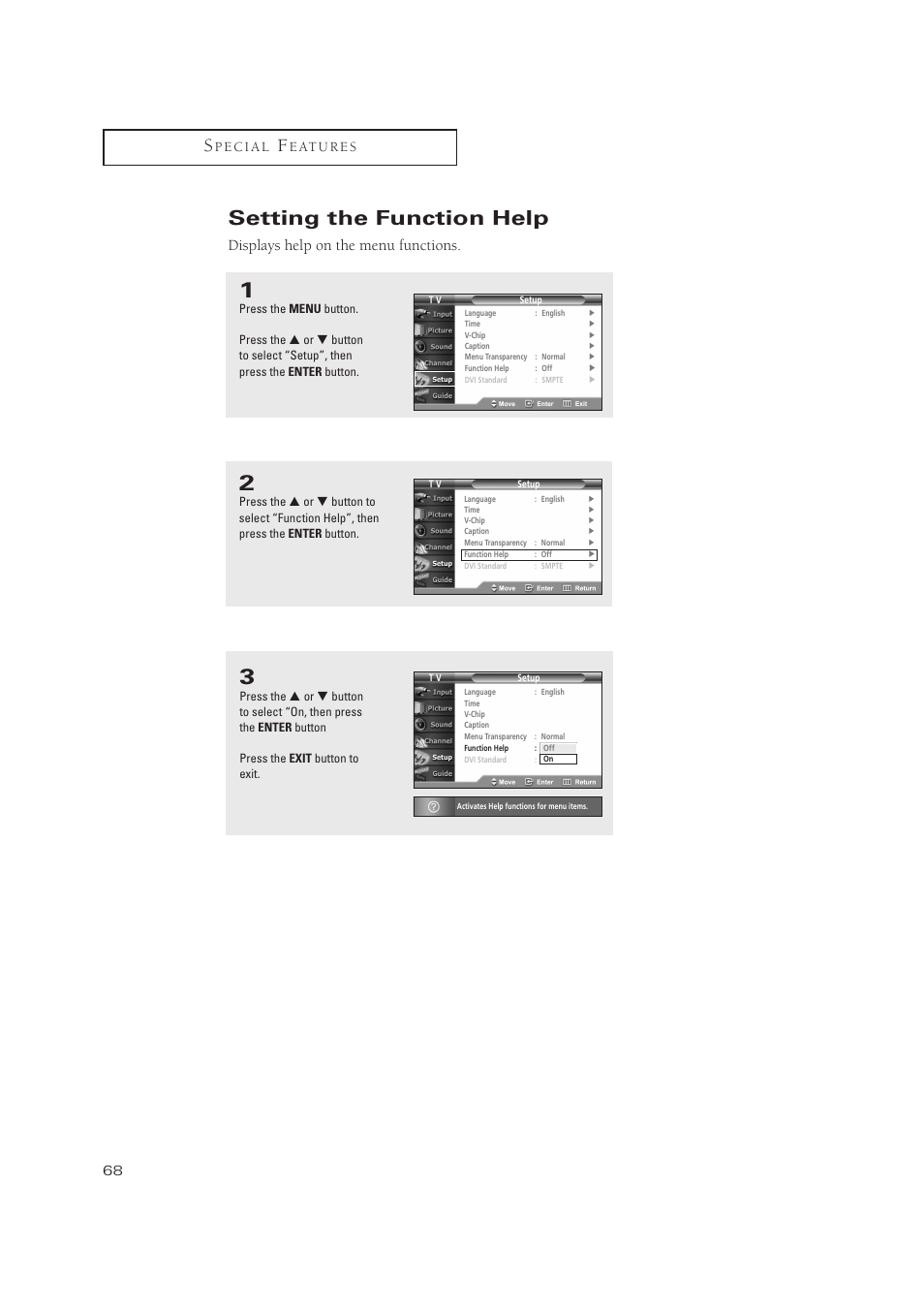 Setting the function help, Displays help on the menu functions | Samsung TXP3071WHX-XAA User Manual | Page 68 / 83