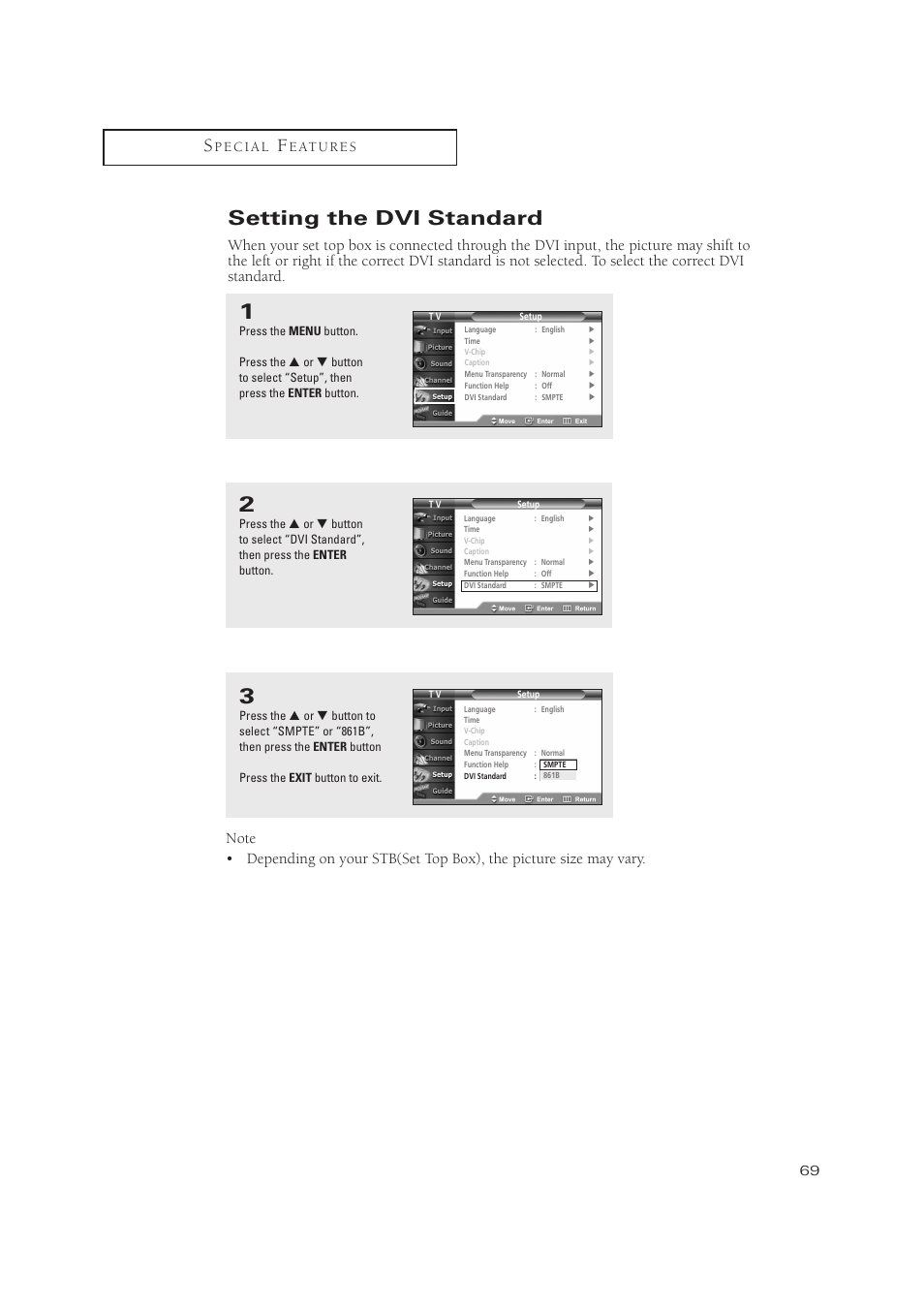 Setting the dvi standard | Samsung TXP3071WHX-XAA User Manual | Page 69 / 83