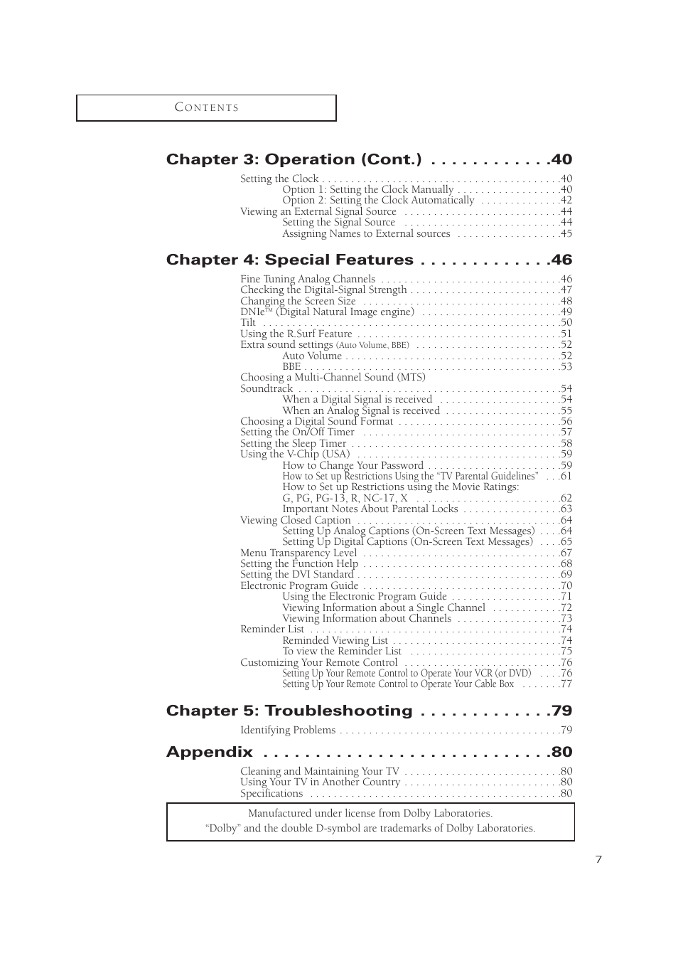 Chapter 3: operation (cont.), Chapter 4: special features, Chapter 5: troubleshooting | Appendix | Samsung TXP3071WHX-XAA User Manual | Page 7 / 83