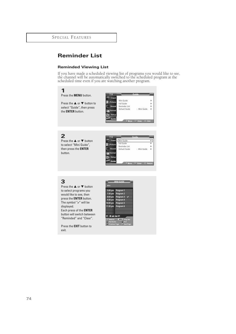 Reminder list | Samsung TXP3071WHX-XAA User Manual | Page 74 / 83