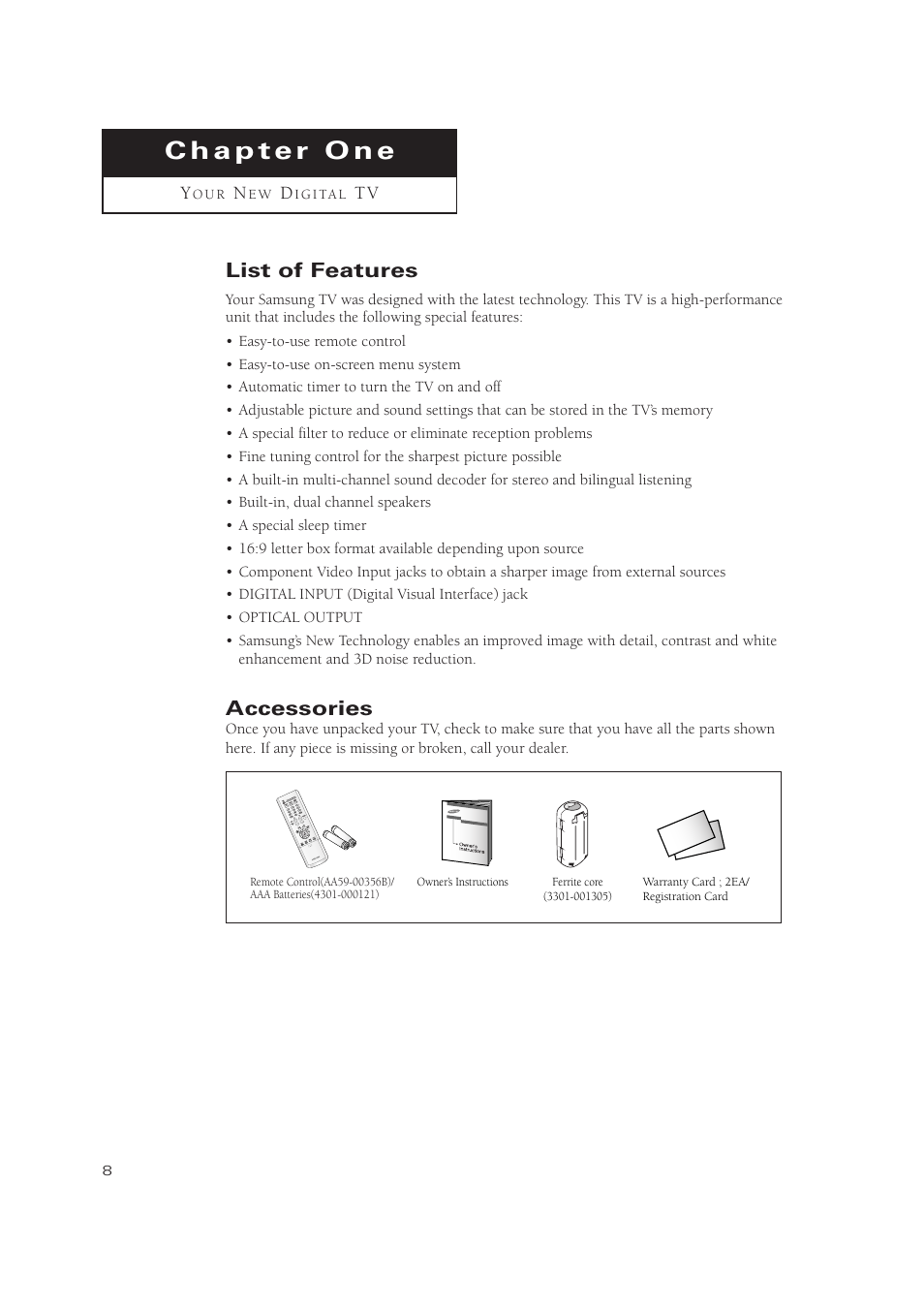 List of features, Accessories | Samsung TXP3071WHX-XAA User Manual | Page 8 / 83