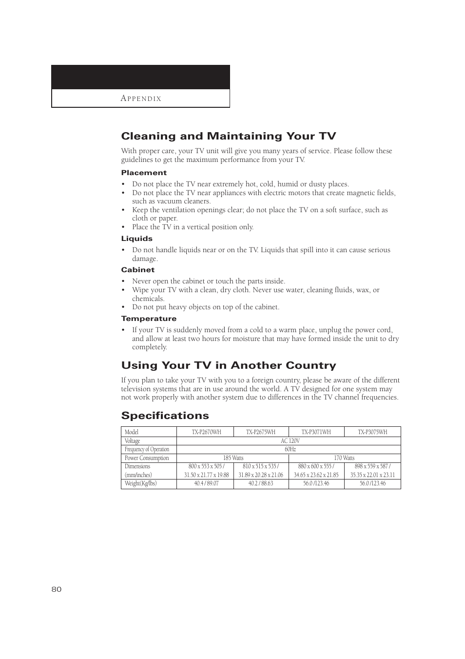 Cleaning and maintaining your tv, Using your tv in another country, Specifications | Samsung TXP3071WHX-XAA User Manual | Page 80 / 83