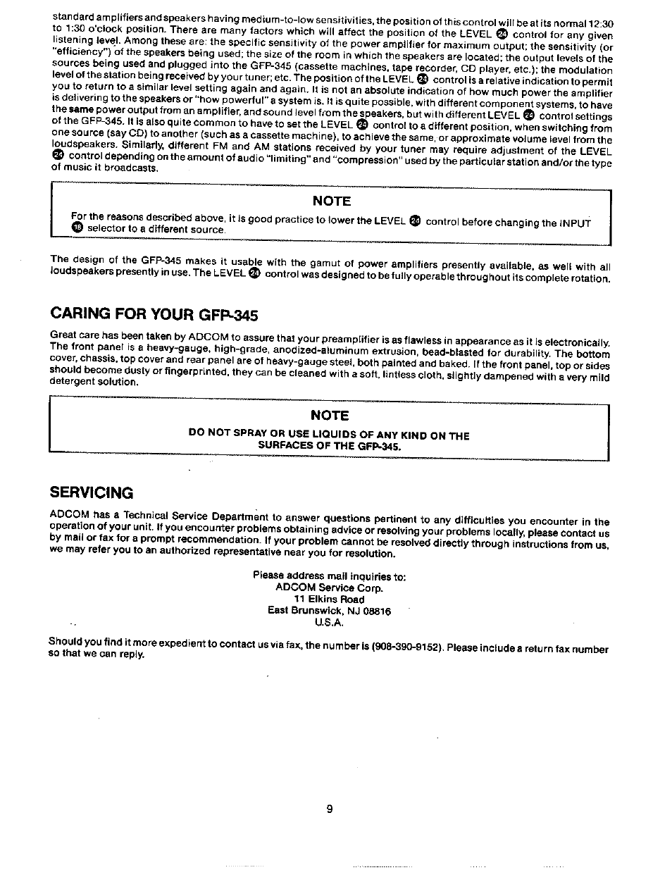 Note, Caring for your gfp^5, Servicing | Adcom GFP-345 User Manual | Page 10 / 11