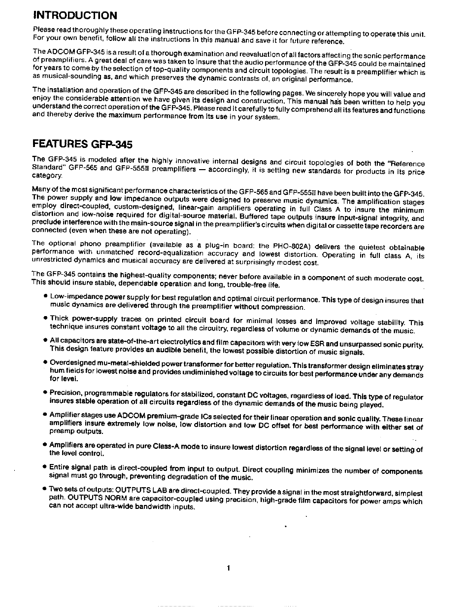 Introduction, Features gfp-345 | Adcom GFP-345 User Manual | Page 2 / 11