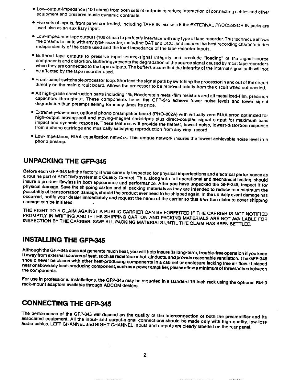 Unpacking the gfp-345, Installing the gfp-345, Connecting the gfp-345 | Adcom GFP-345 User Manual | Page 3 / 11