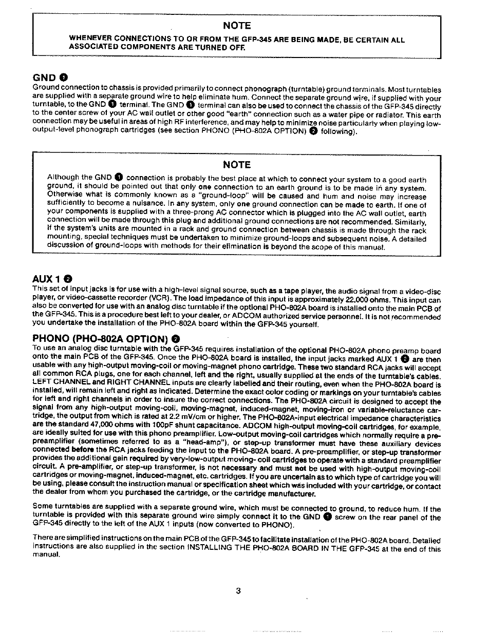 Gnd o, Aux1 о, Phono (pho-802a option) о | Adcom GFP-345 User Manual | Page 4 / 11