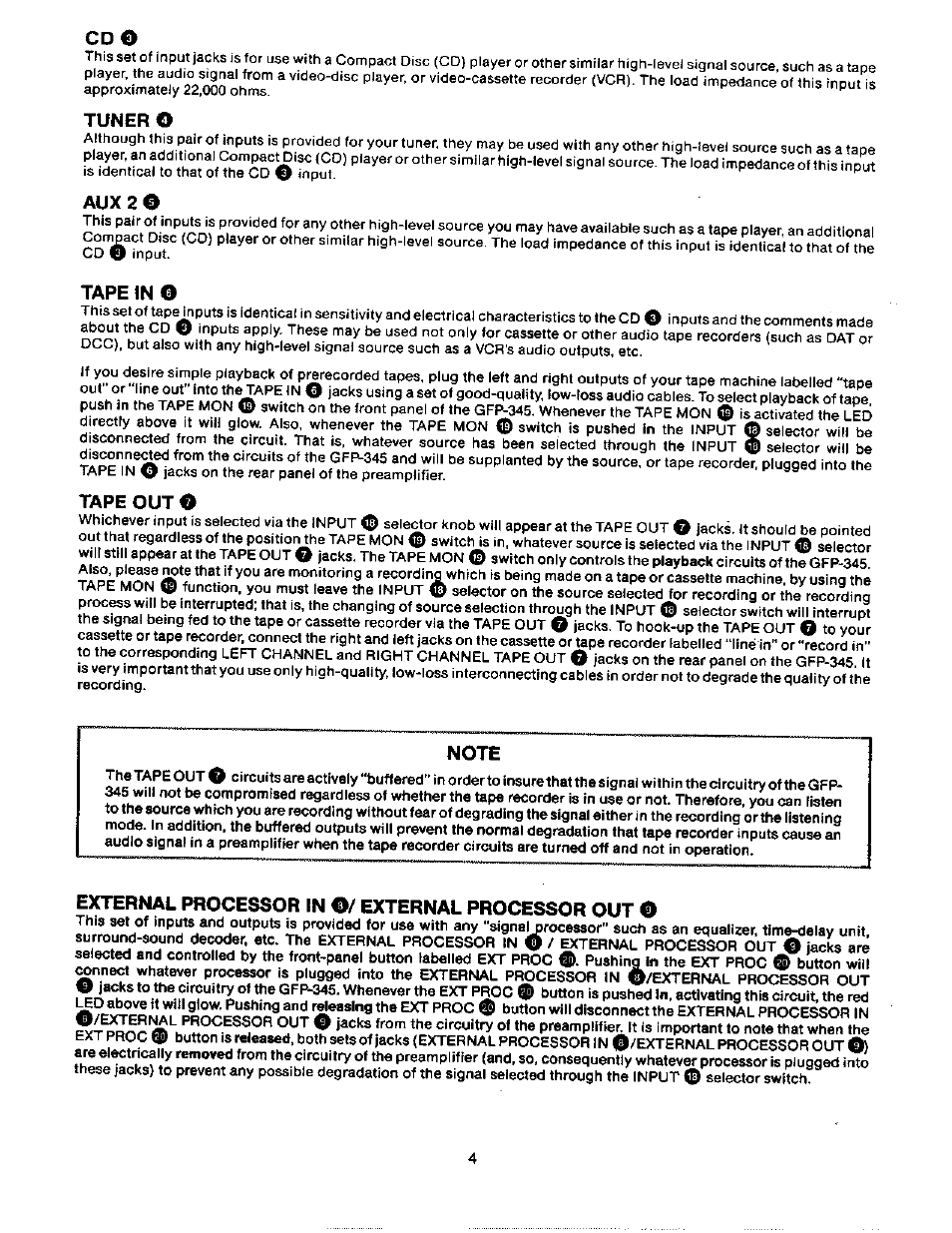 Cd o, Tuner o, Aux 2 o | Tape in o, Tape out o, External processor in o/ external processor out o | Adcom GFP-345 User Manual | Page 5 / 11