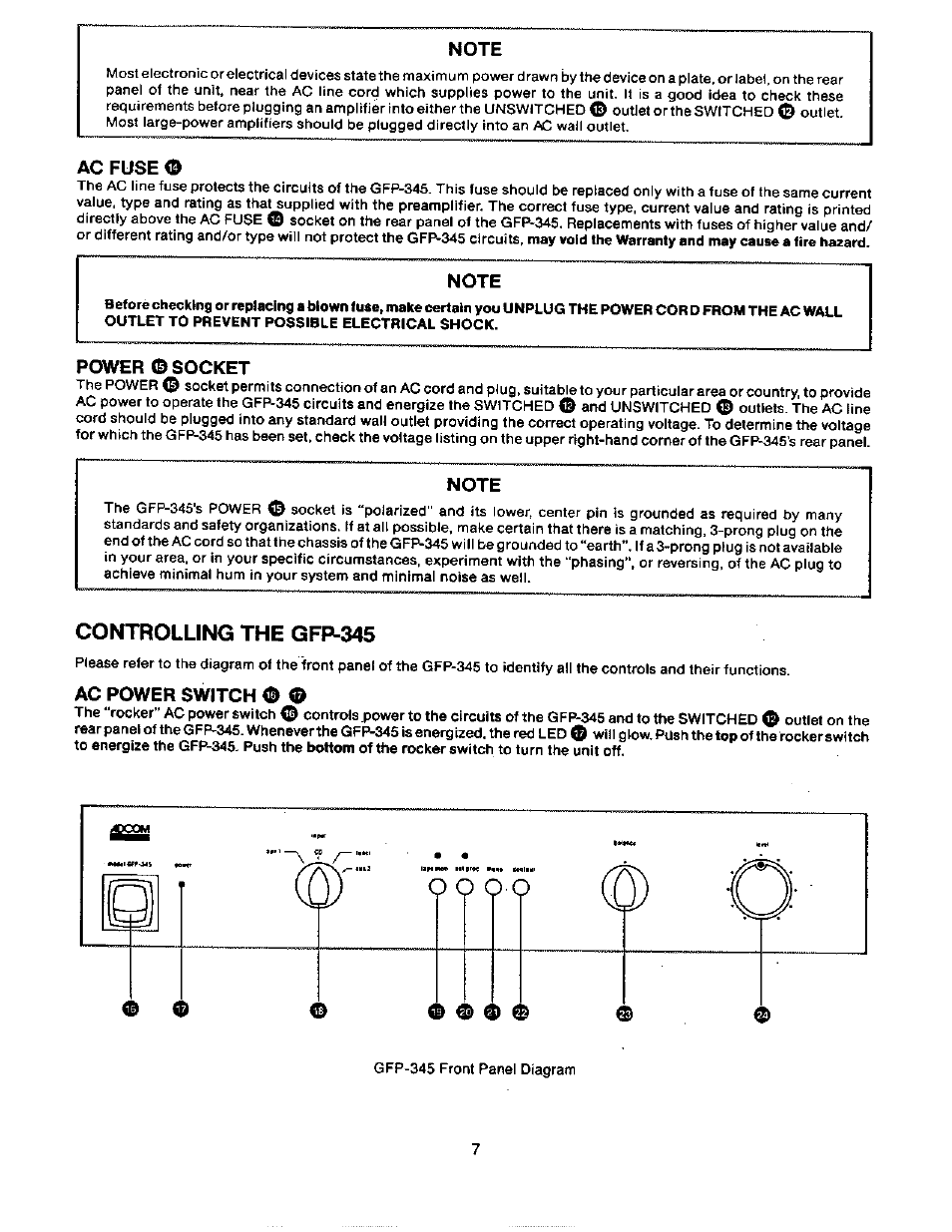 Ac fuse o, Power ©socket, Ac power switch | Controlling the gfp-345 | Adcom GFP-345 User Manual | Page 8 / 11