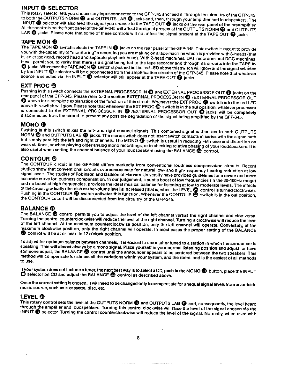 Input © selector, Tape mon, Extproc | Mono, Contour, Balance, Level | Adcom GFP-345 User Manual | Page 9 / 11