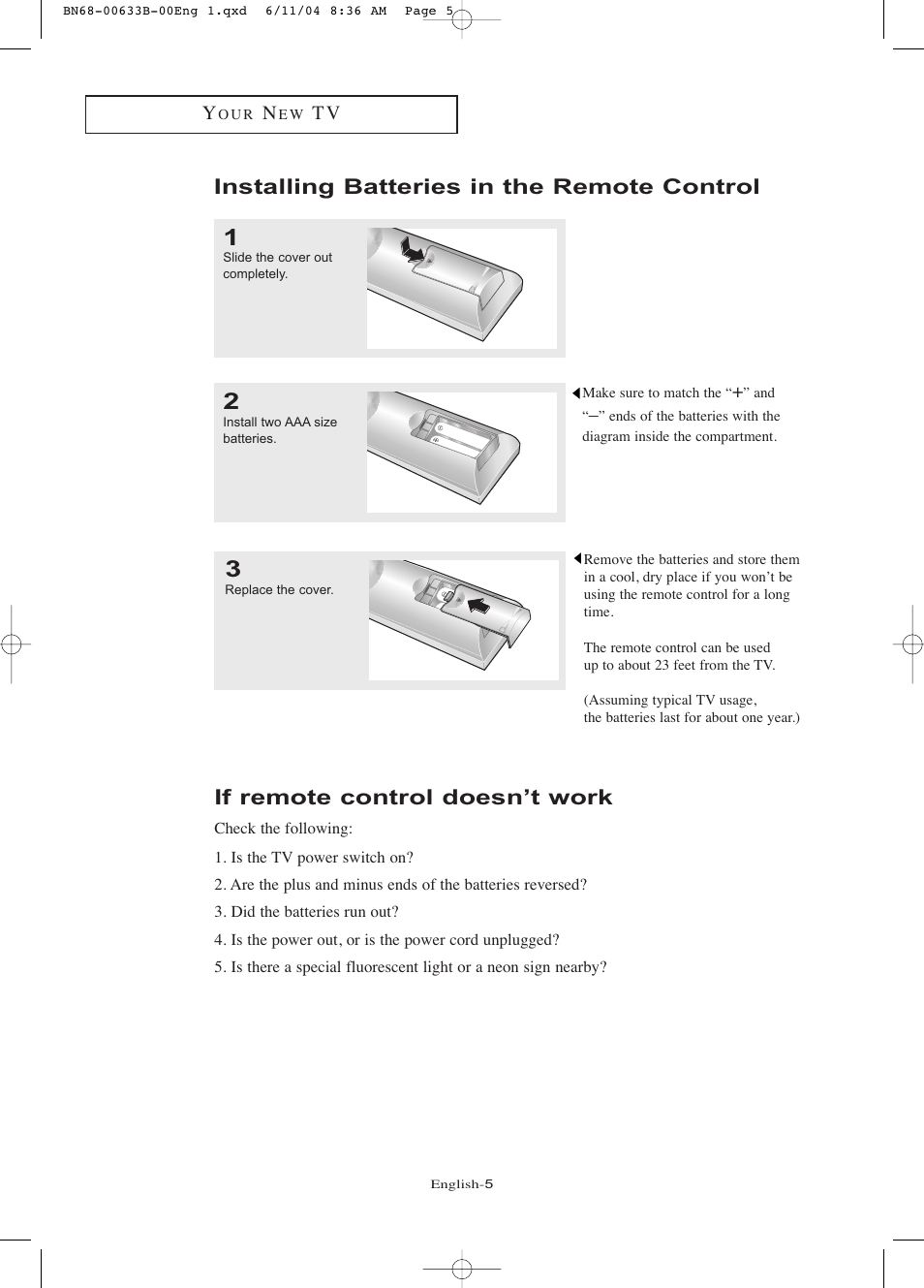 Installing batteries in the remote control, If remote control doesn’t work | Samsung LTP2045UX-XAC User Manual | Page 10 / 66