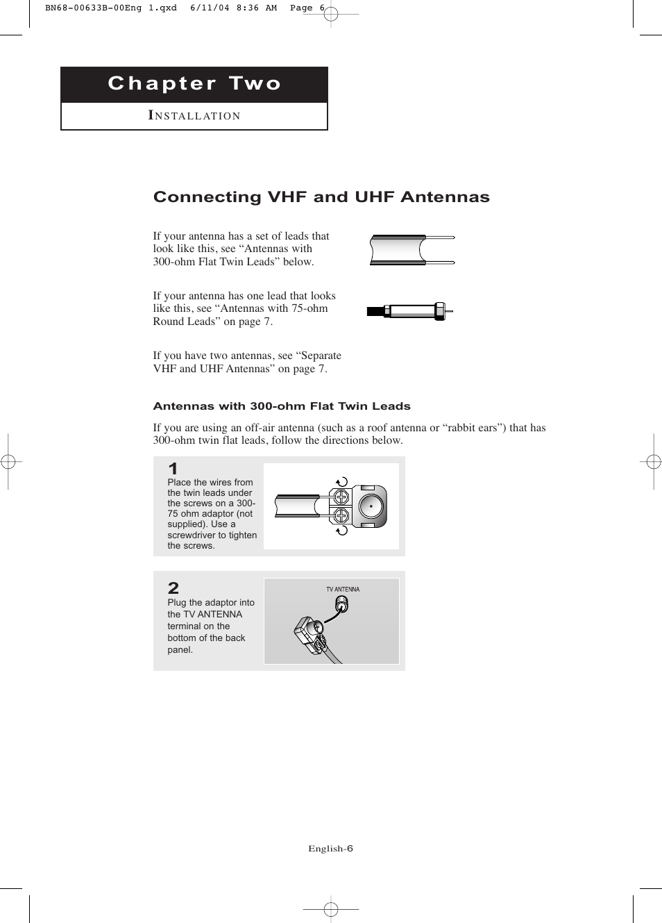 Chapter two installation, Connecting vhf and uhf antennas, Antennas with 300-ohm flat twin leads | Samsung LTP2045UX-XAC User Manual | Page 11 / 66