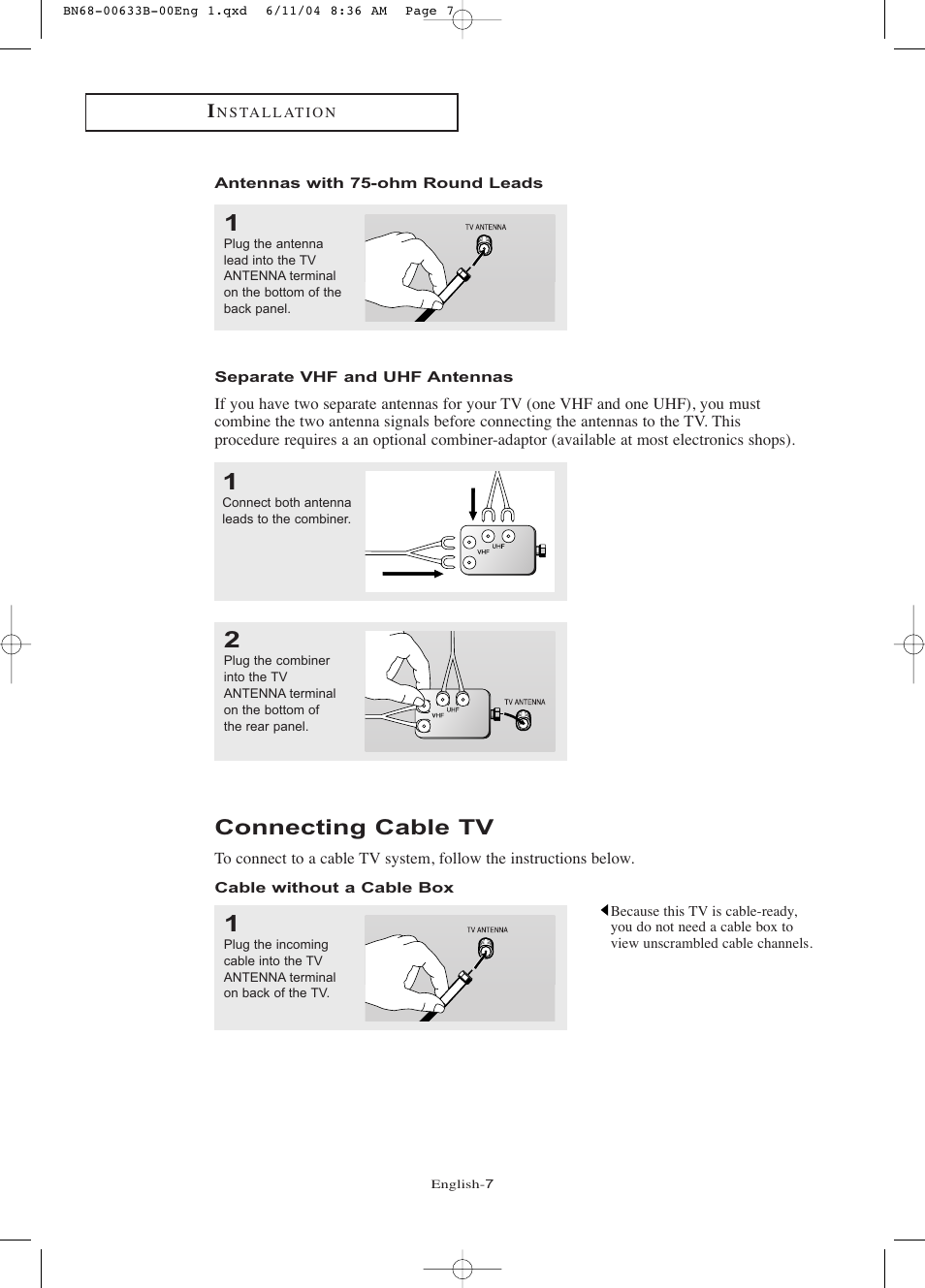 Antennas with 75-ohm round leads, Separate vhf and uhf antennas, Connecting cable tv | Cable without a cable box | Samsung LTP2045UX-XAC User Manual | Page 12 / 66