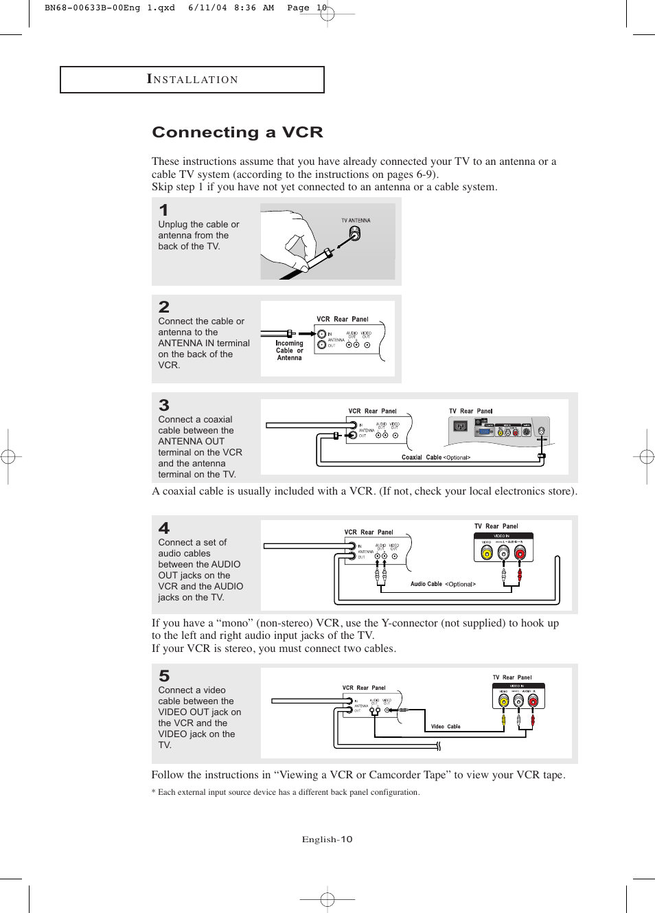 Connecting a vcr | Samsung LTP2045UX-XAC User Manual | Page 15 / 66