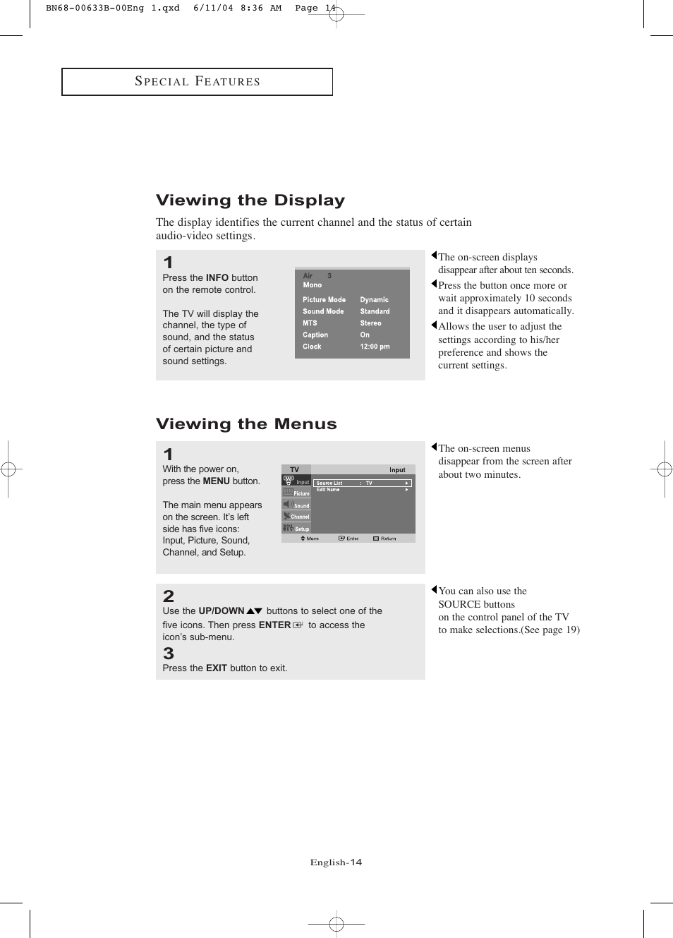 Viewing the display, Viewing the menus | Samsung LTP2045UX-XAC User Manual | Page 19 / 66