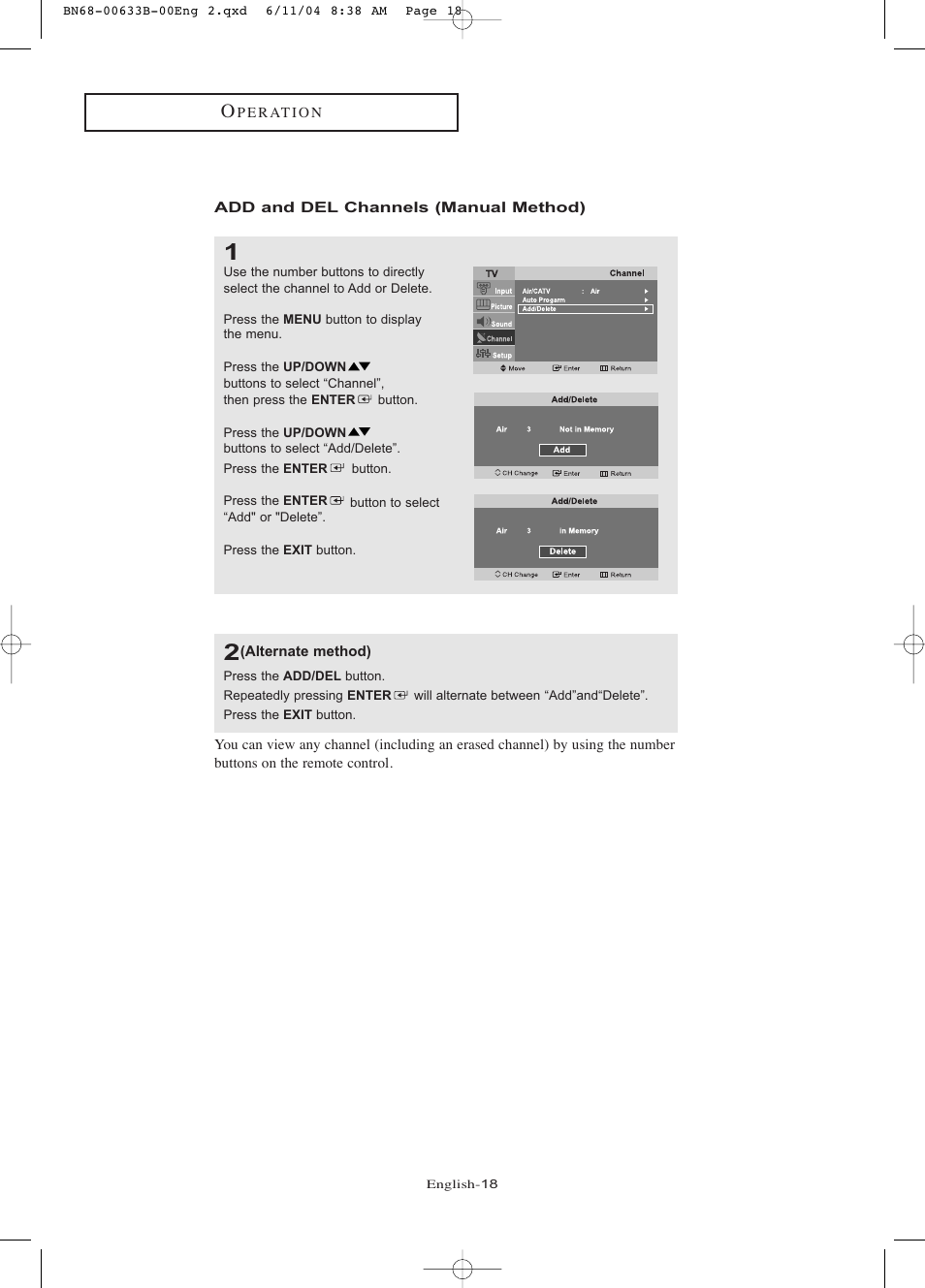 Add and del channels (manual method) | Samsung LTP2045UX-XAC User Manual | Page 23 / 66