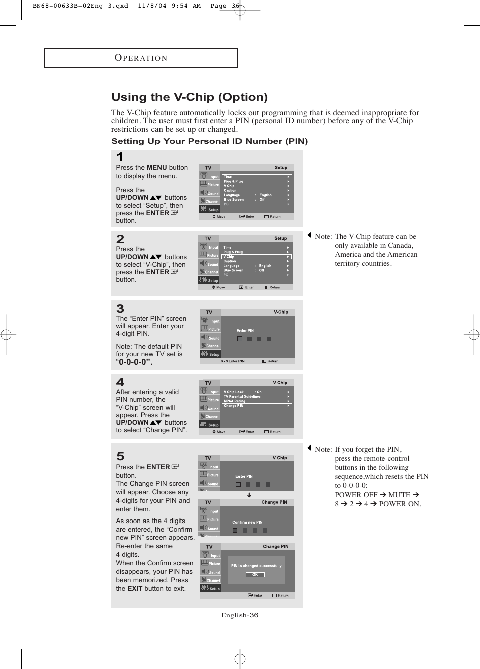 Using the v-chip, Setting up your personal id number (pin), Using the v-chip (option) | Samsung LTP2045UX-XAC User Manual | Page 41 / 66