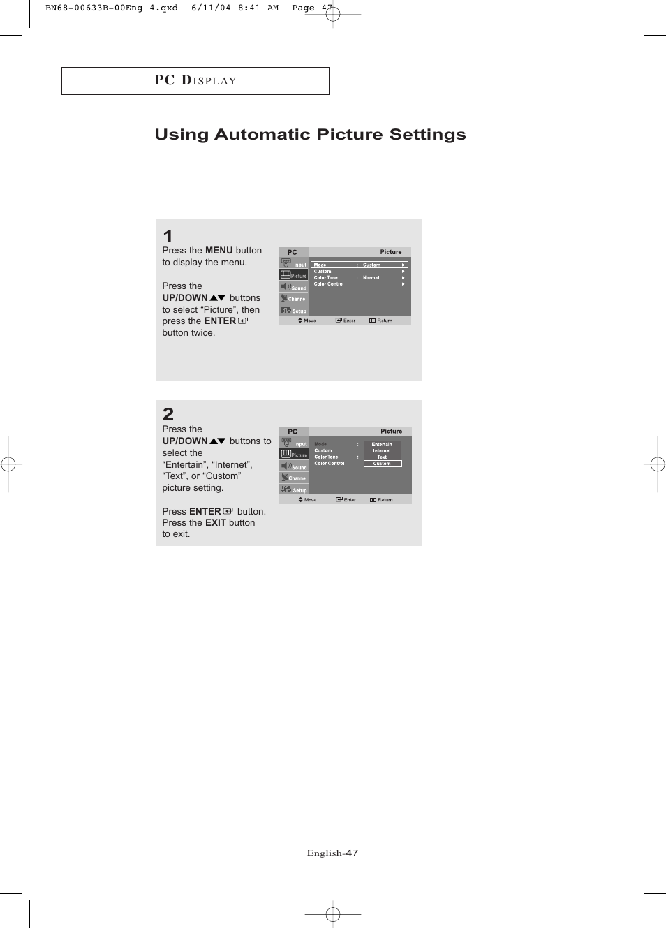 Using automatic picture settings, P c d | Samsung LTP2045UX-XAC User Manual | Page 52 / 66