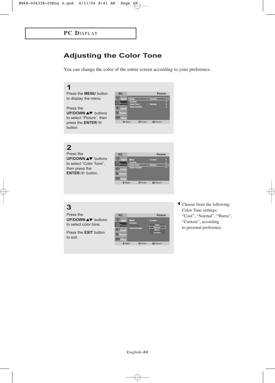 Adjusting the color tone, P c d | Samsung LTP2045UX-XAC User Manual | Page 54 / 66