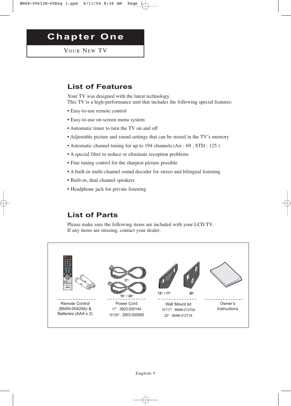 Chapter one your new tv, List of features, List of parts | Samsung LTP2045UX-XAC User Manual | Page 6 / 66