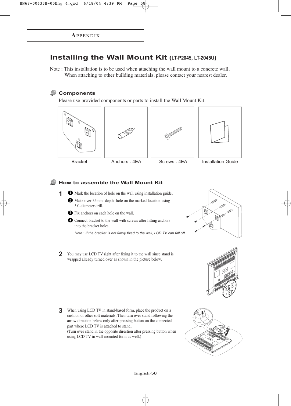 Installing the wall mount kit (lt-p2045, lt-2045u), Installing the wall mount kit | Samsung LTP2045UX-XAC User Manual | Page 63 / 66