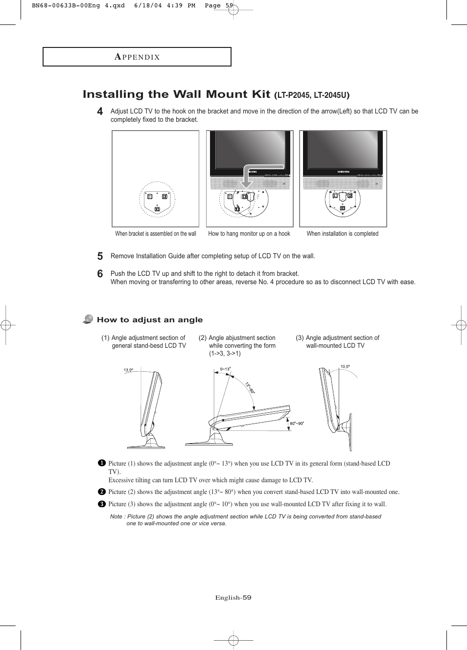 Installing the wall mount kit | Samsung LTP2045UX-XAC User Manual | Page 64 / 66