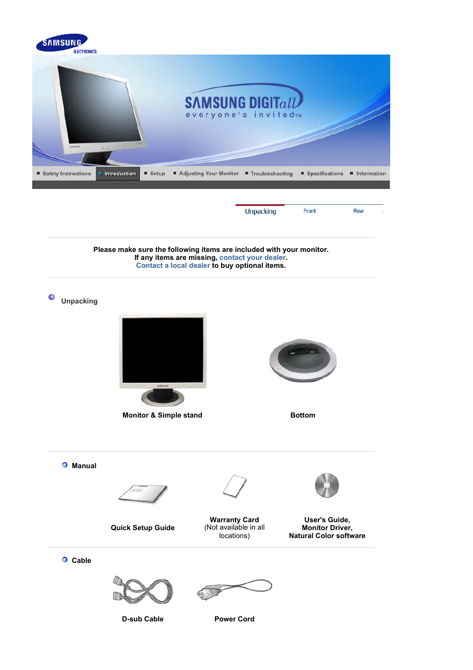 Unpacking, Front | Samsung LS17MJVKB-XAA User Manual | Page 10 / 43