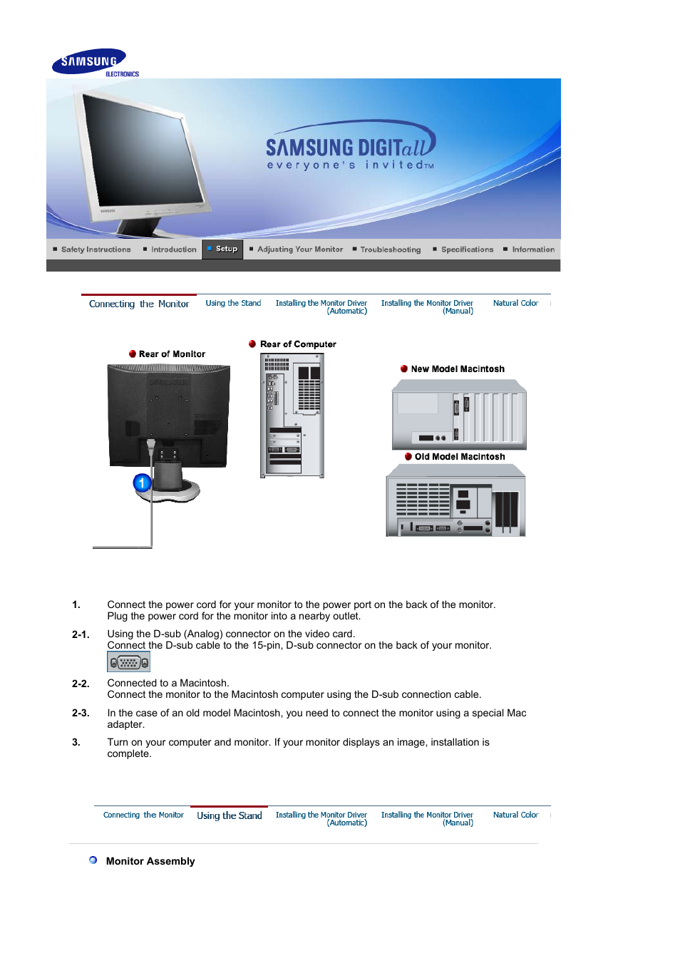 Connecting the monitor, Using the stand | Samsung LS17MJVKB-XAA User Manual | Page 13 / 43