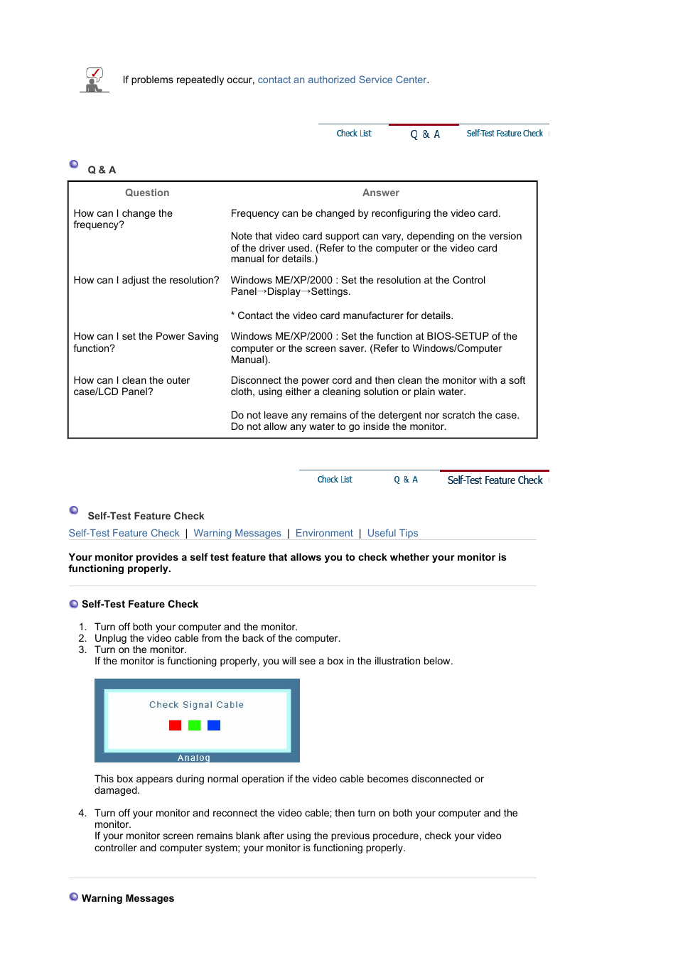 Q & a, Self-test feature check | Samsung LS17MJVKB-XAA User Manual | Page 31 / 43