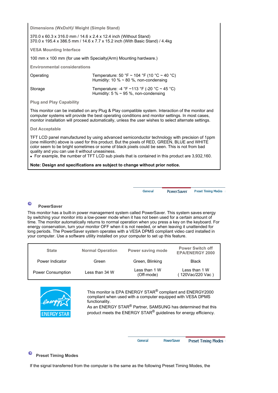 Powersaver, Preset timing modes | Samsung LS17MJVKB-XAA User Manual | Page 34 / 43