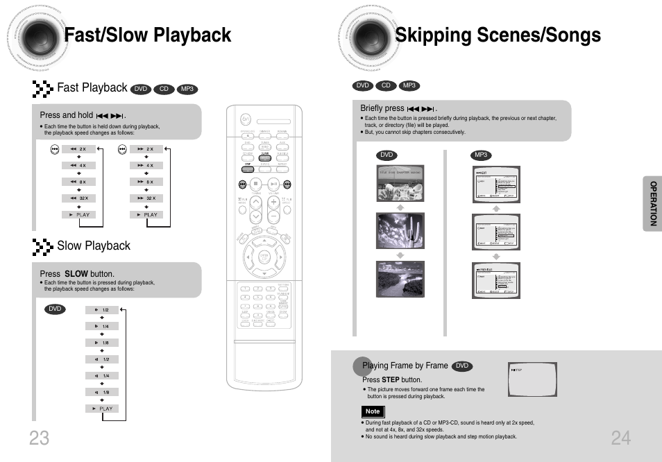 Skipping scenes/songs 24, Fast/slow playback, Fast playback | Slow playback | Samsung HTDB120TH-XAX User Manual | Page 13 / 18