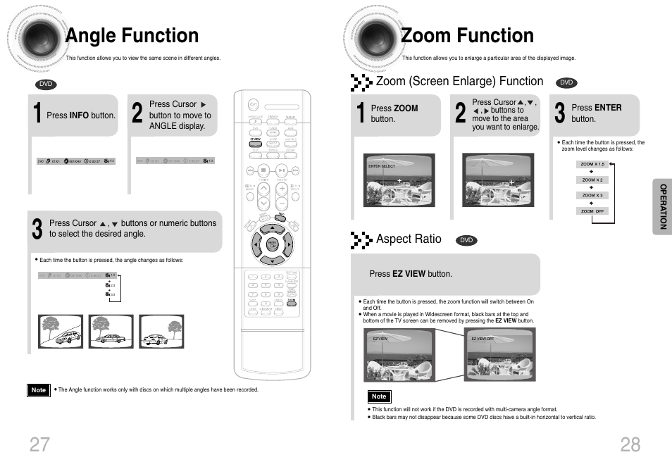 28 zoom function, 27 angle function, Zoom (screen enlarge) function | Aspect ratio | Samsung HTDB120TH-XAX User Manual | Page 15 / 18