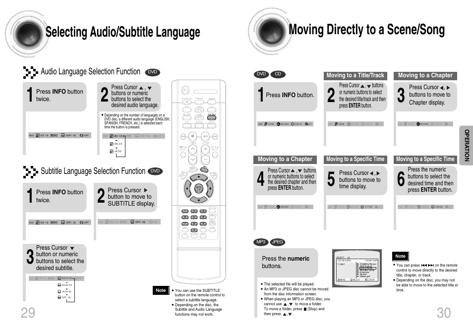 30 moving directly to a scene/song, 29 selecting audio/subtitle language, Audio language selection function | Subtitle language selection function | Samsung HTDB120TH-XAX User Manual | Page 16 / 18