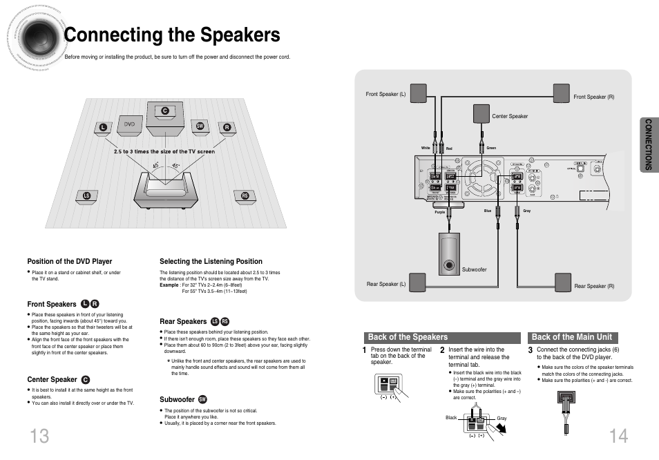 13 connecting the speakers | Samsung HTDB120TH-XAX User Manual | Page 8 / 18