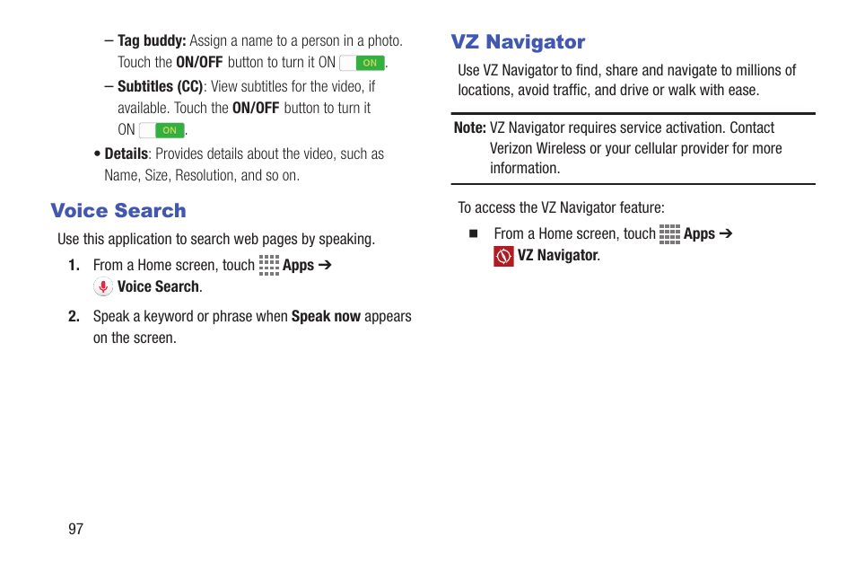 Voice search, Vz navigator, Voice search vz navigator | Samsung SM-T537VYKAVZW User Manual | Page 102 / 146