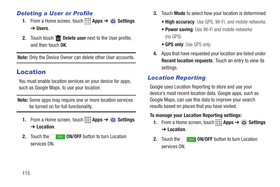 Location | Samsung SM-T537VYKAVZW User Manual | Page 120 / 146