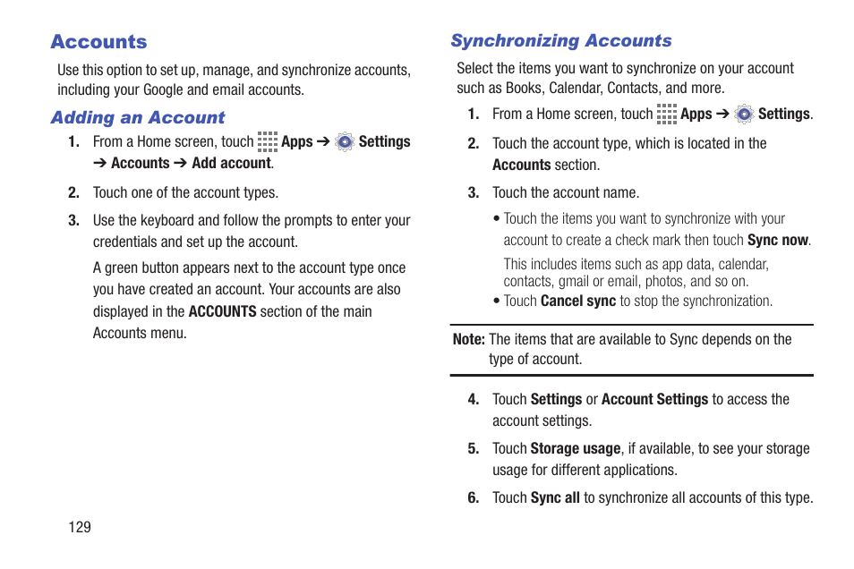 Accounts | Samsung SM-T537VYKAVZW User Manual | Page 134 / 146