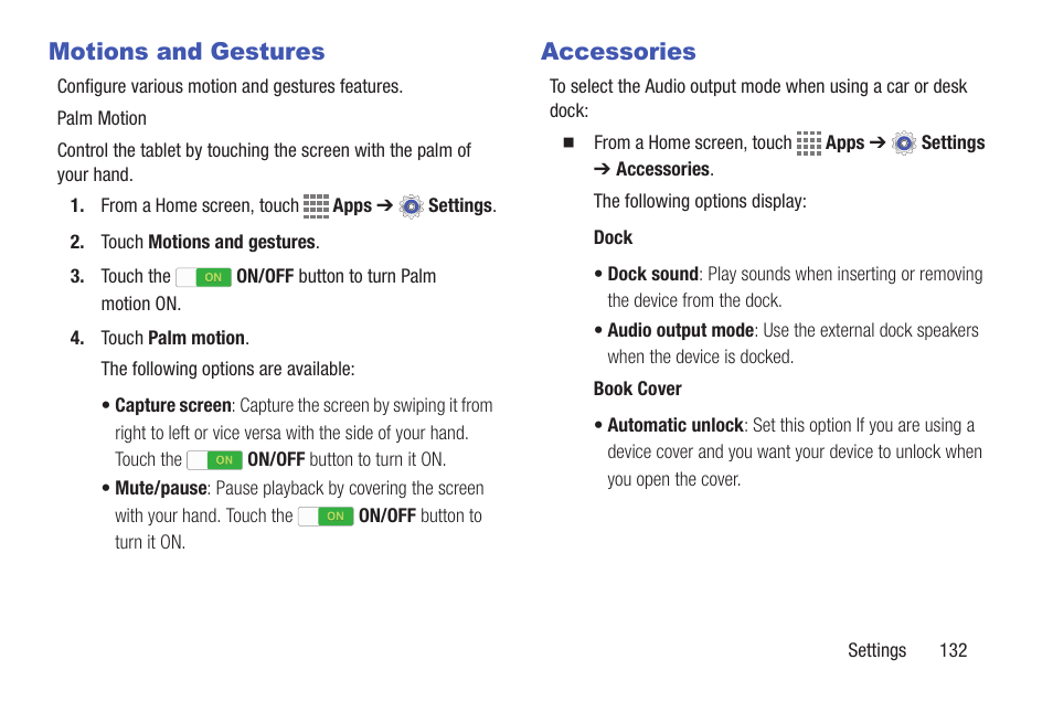 Motions and gestures, Accessories, Motions and gestures accessories | Samsung SM-T537VYKAVZW User Manual | Page 137 / 146