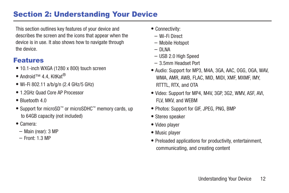 Section 2: understanding your device, Features | Samsung SM-T537VYKAVZW User Manual | Page 17 / 146