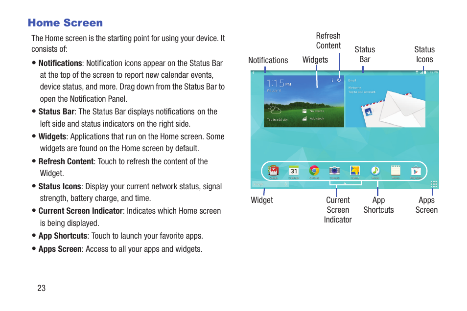 Home screen | Samsung SM-T537VYKAVZW User Manual | Page 28 / 146