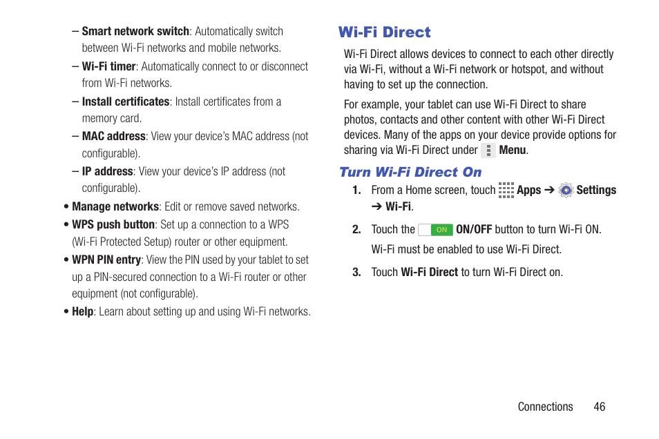 Wi-fi direct | Samsung SM-T537VYKAVZW User Manual | Page 51 / 146