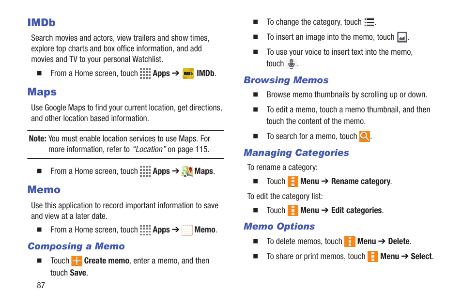 Imdb, Maps, Memo | Imdb maps memo | Samsung SM-T537VYKAVZW User Manual | Page 92 / 146